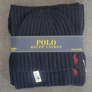 Polo Ralph Lauren Men's Navy 2 Piece Set Hat & Scarf Lambswool Blend One…